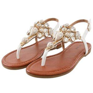 Top Moda Berry-9 Women's Stunning Gemstone Jeweled T-Strap Sandals Flats White